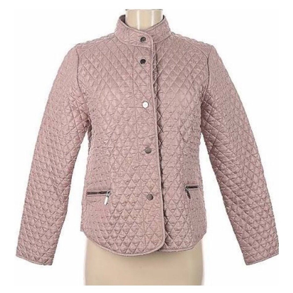 pink quilted, jade accents, pockets, vintage-inspired, textured fabric, pastel o